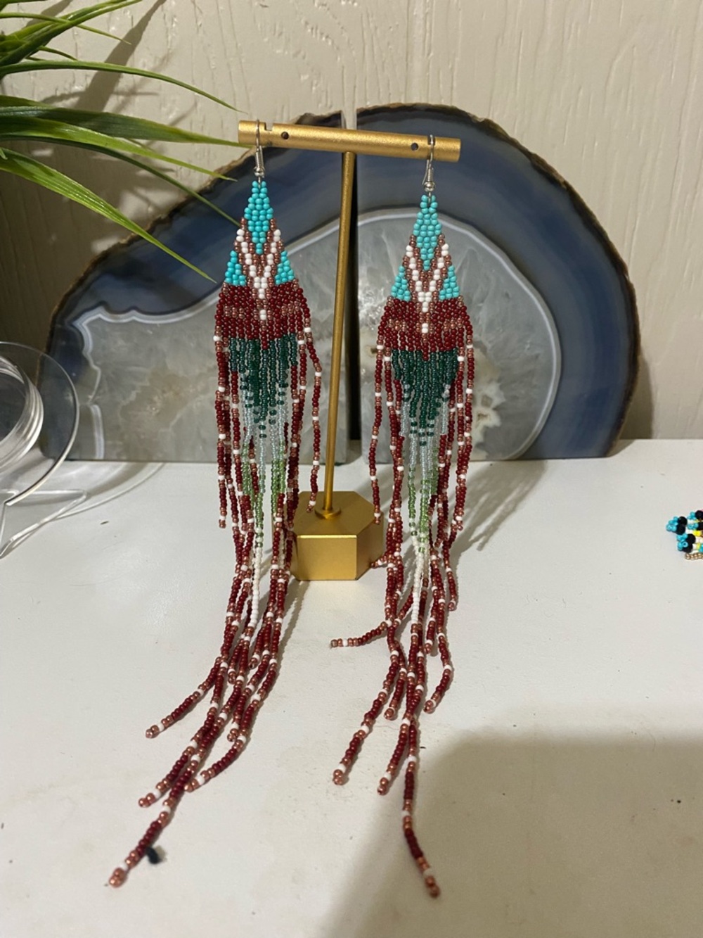 Handmade Beaded Fringe Earrings - Turquoise, Burgundy & Green Accents